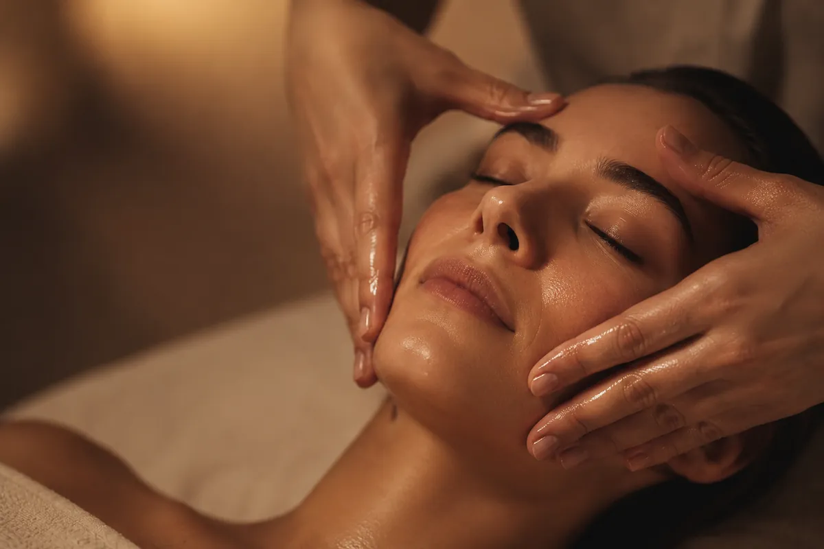 Manos de esteticista realizando un tratamiento facial en Aura Beauty Lab